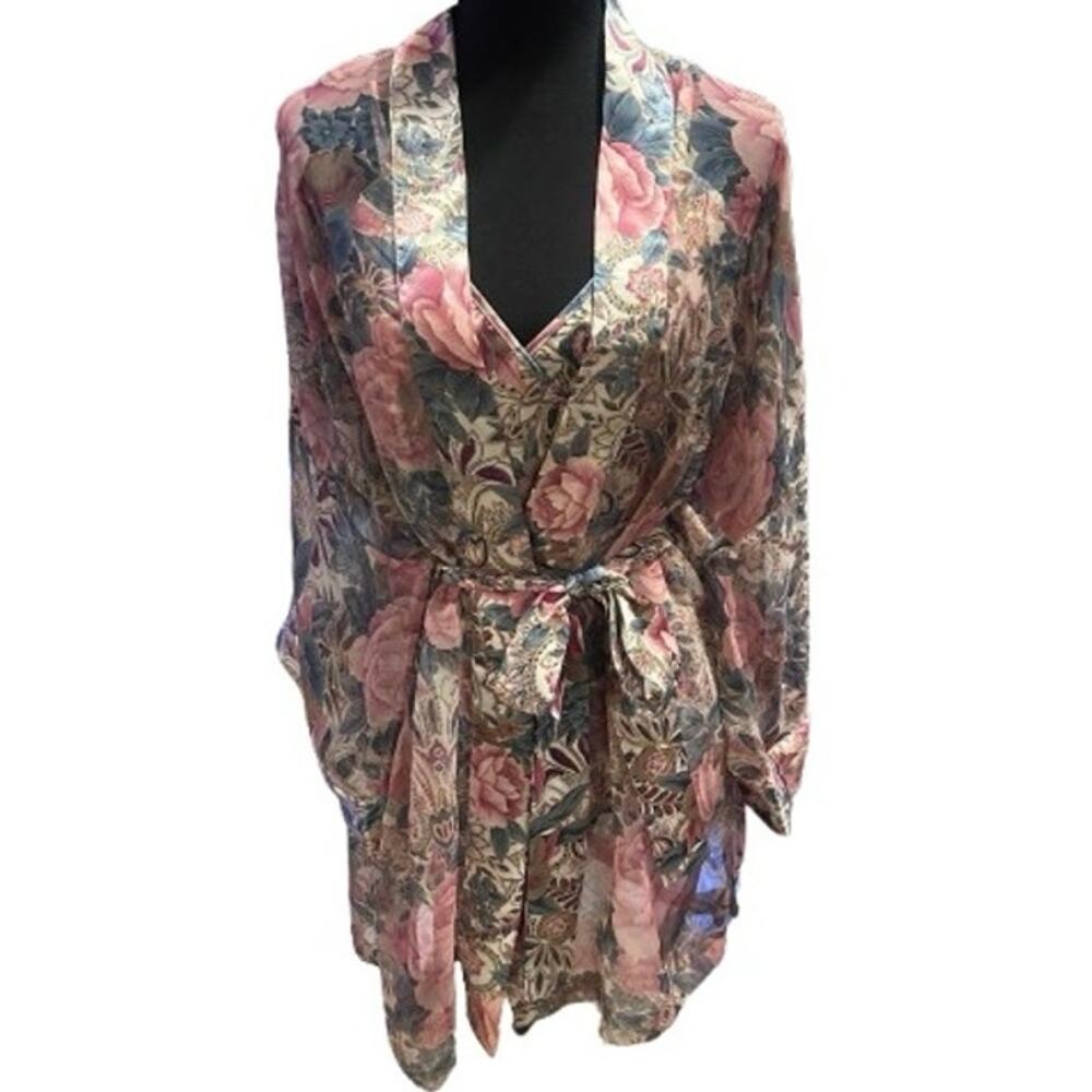 VINTAGE VICTORIAS SECRET GOLD LABEL SATIN FLORAL LINGERIE ROBE & TEDDY SET - L